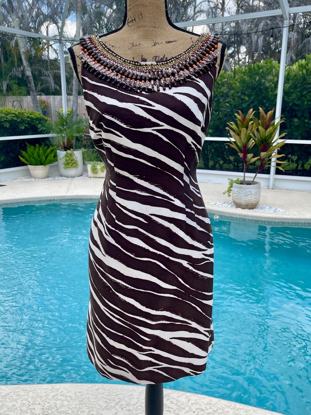 kate spade Black & White Beaded Zebra Midi Dress